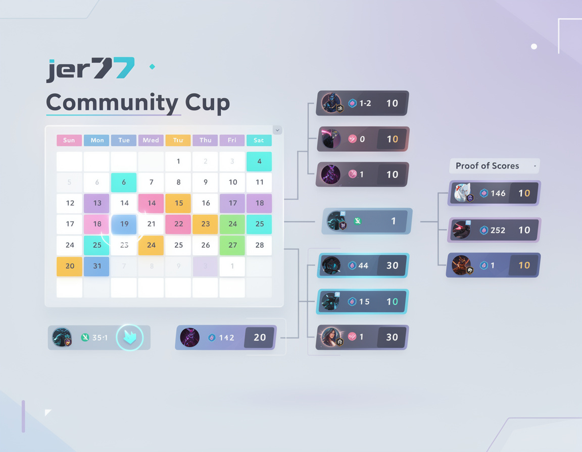 Ilustrasi community cup calendar untuk event game online jer77 dengan bracket, room match, dan bukti skor