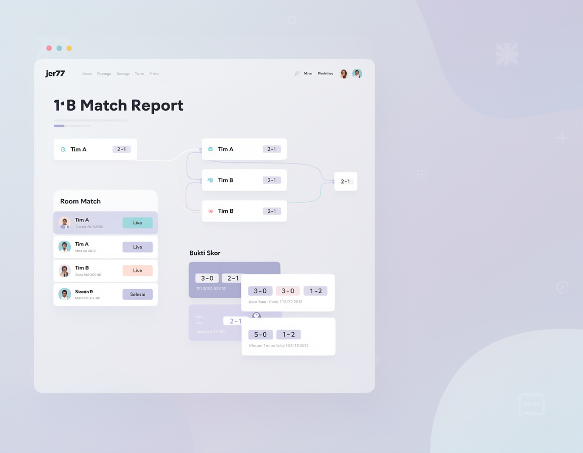 Ilustrasi match report komunitas untuk event game online jer77 dengan bracket, room match, dan bukti skor